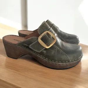 Josef Seibel Lily 10 Leather, Gold Buckle, Olive Women’s Slip On Clog US 6.5 - 7
