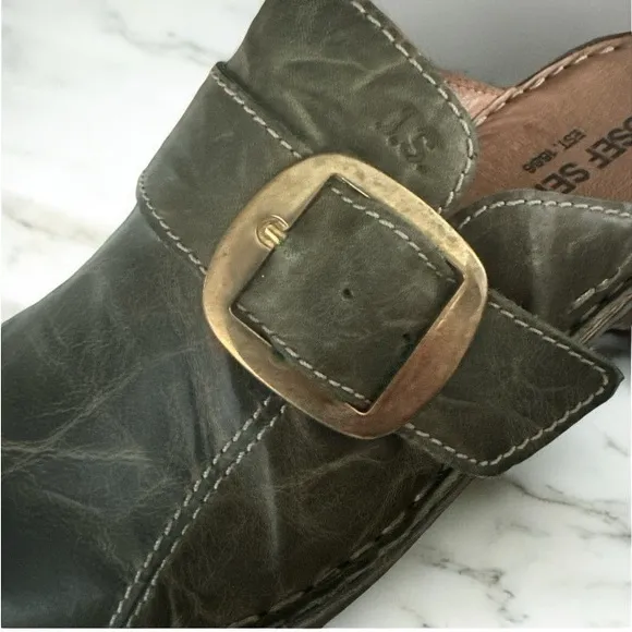 Josef Seibel Lily 10 Leather, Gold Buckle, Olive Women’s Slip On Clog US 6.5 - 7
