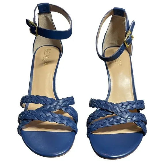 Lauren Ralph Lauren Grayce Blue Leather Woven Sandals Heels Size 9