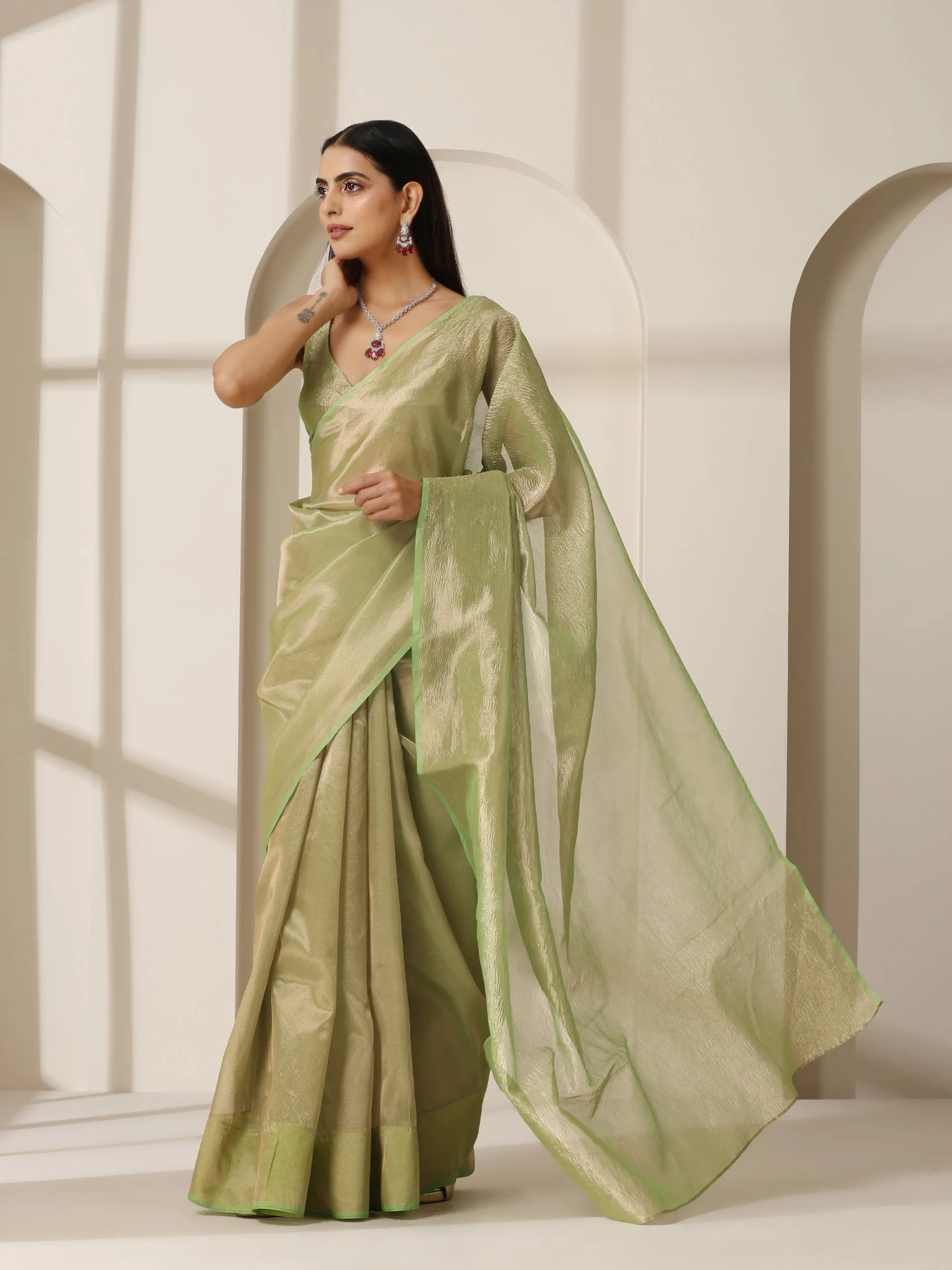 Lemon Green Banarasi Tissue Saree with Blouse Fabric