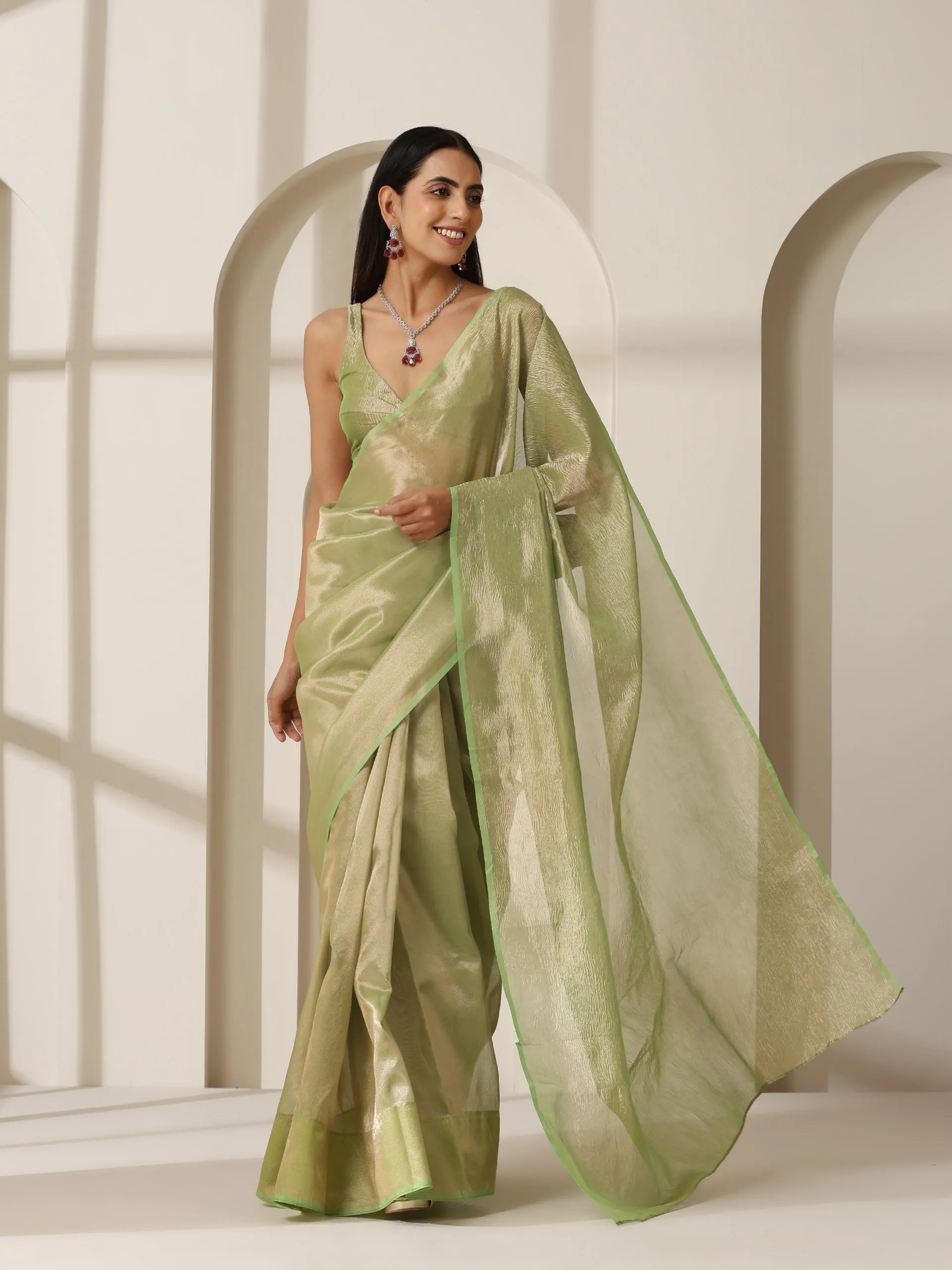 Lemon Green Banarasi Tissue Saree with Blouse Fabric