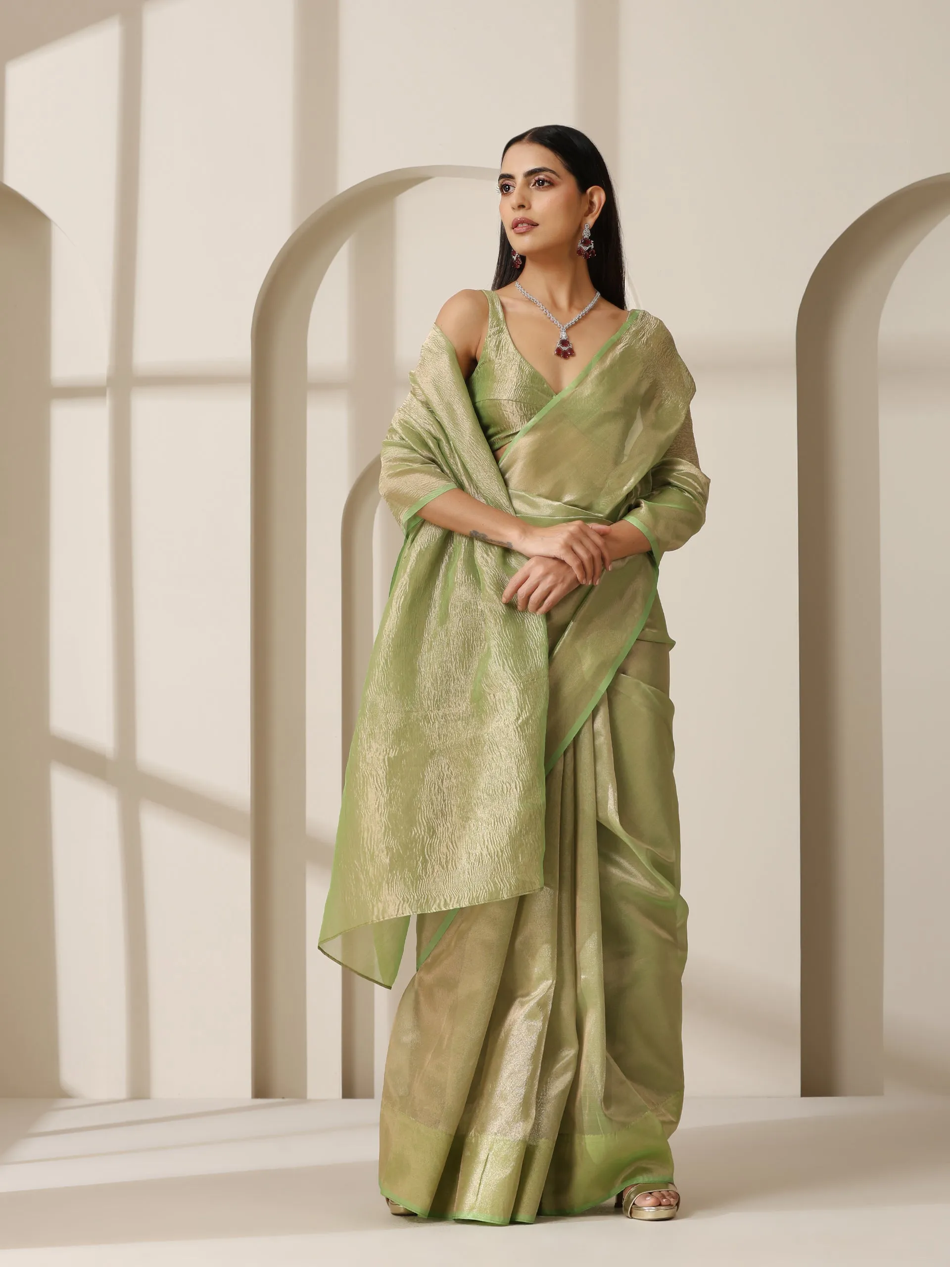 Lemon Green Banarasi Tissue Saree with Blouse Fabric