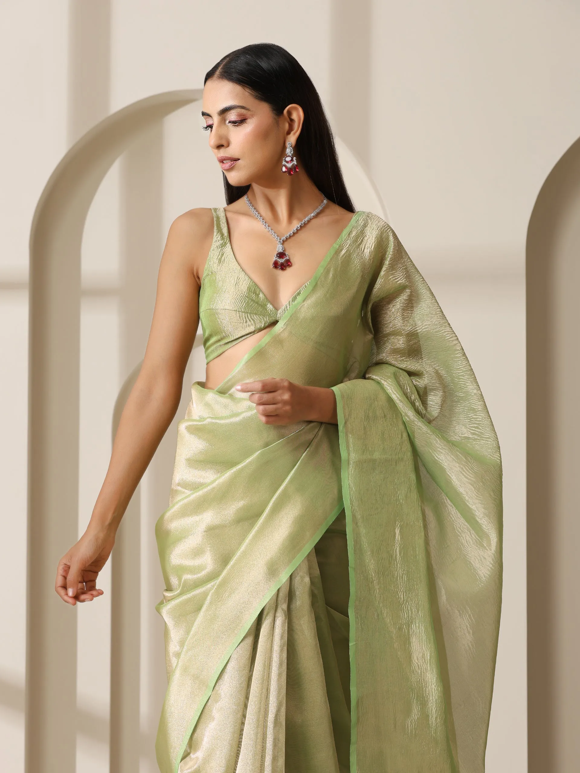 Lemon Green Banarasi Tissue Saree with Blouse Fabric