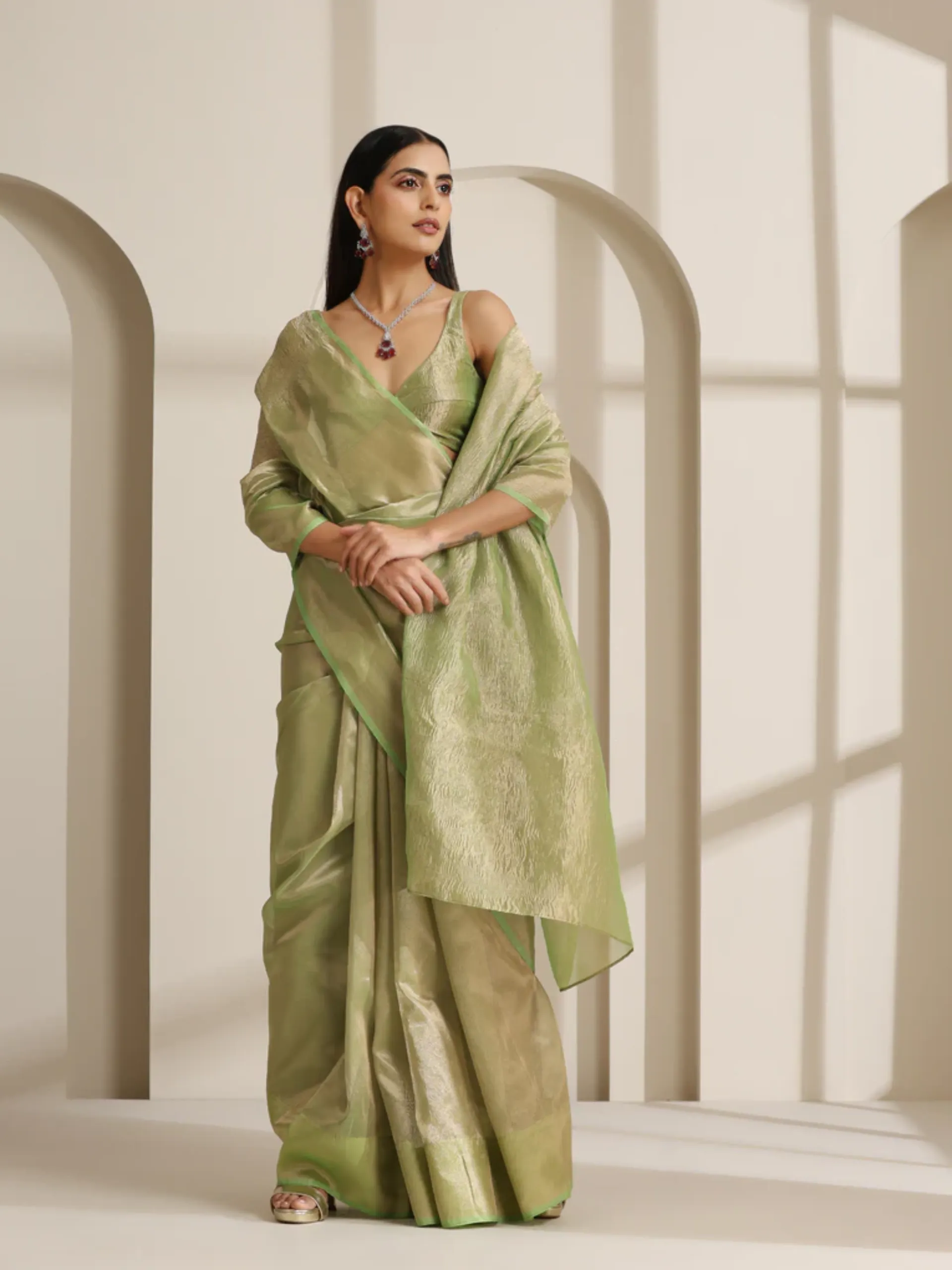 Lemon Green Banarasi Tissue Saree with Blouse Fabric