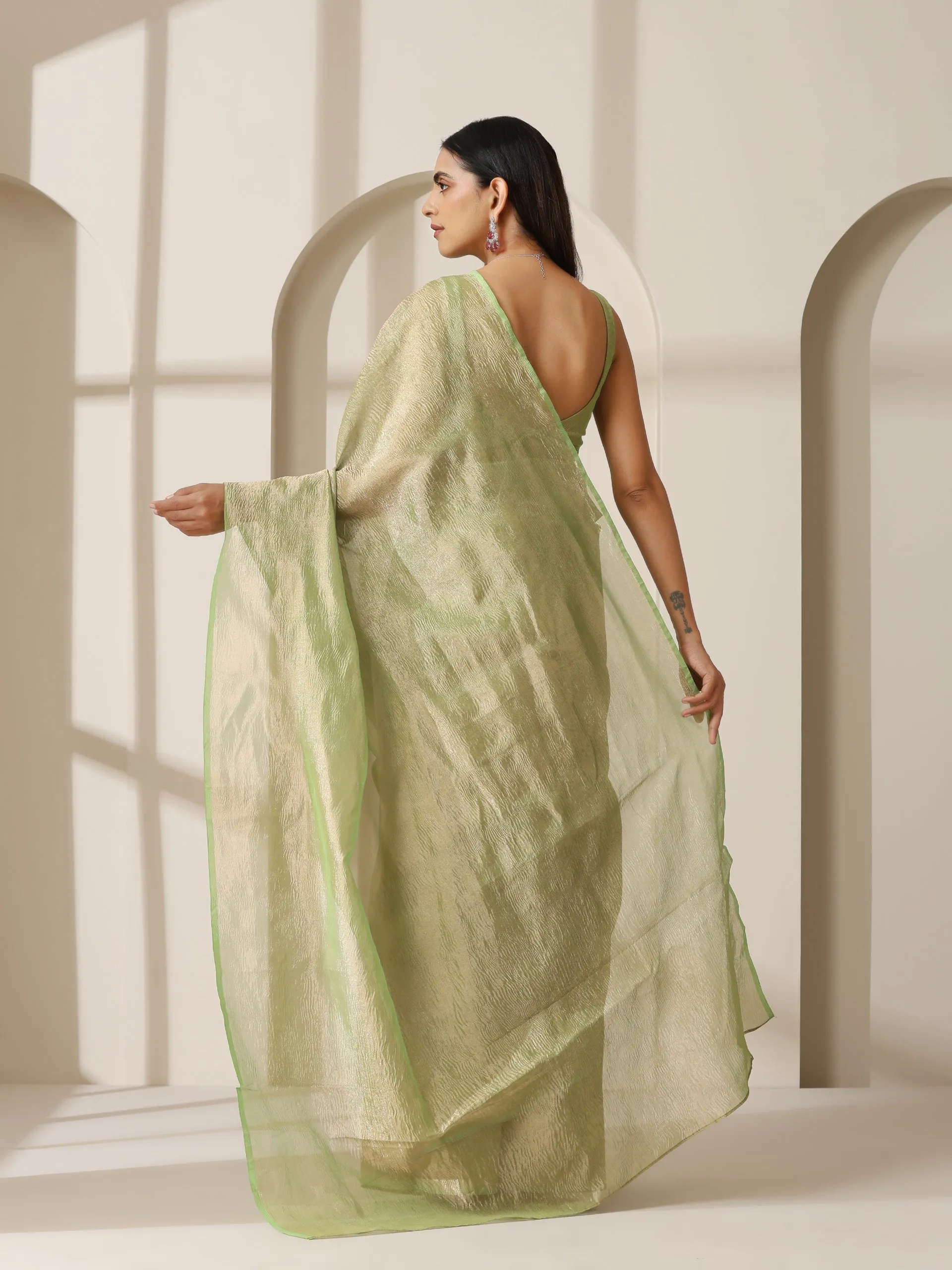 Lemon Green Banarasi Tissue Saree with Blouse Fabric