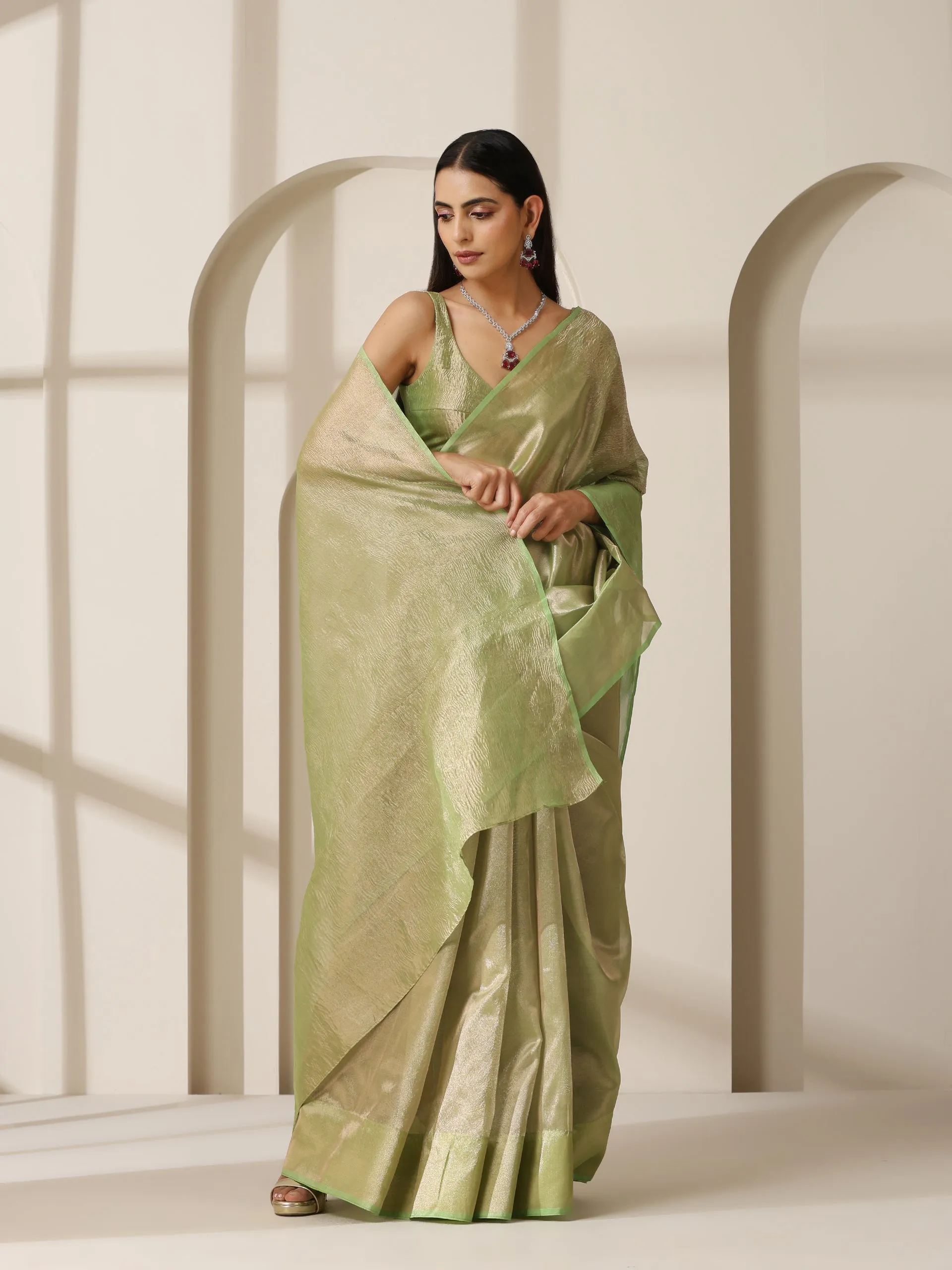 Lemon Green Banarasi Tissue Saree with Blouse Fabric