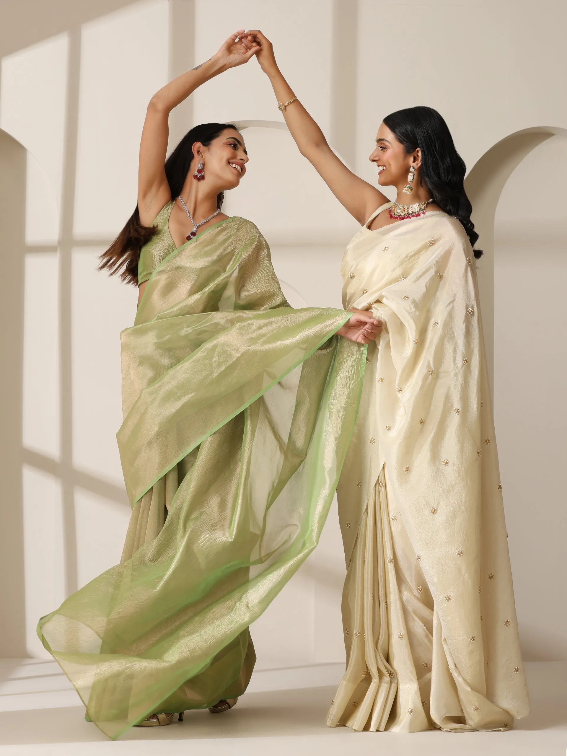 Lemon Green Banarasi Tissue Saree with Blouse Fabric