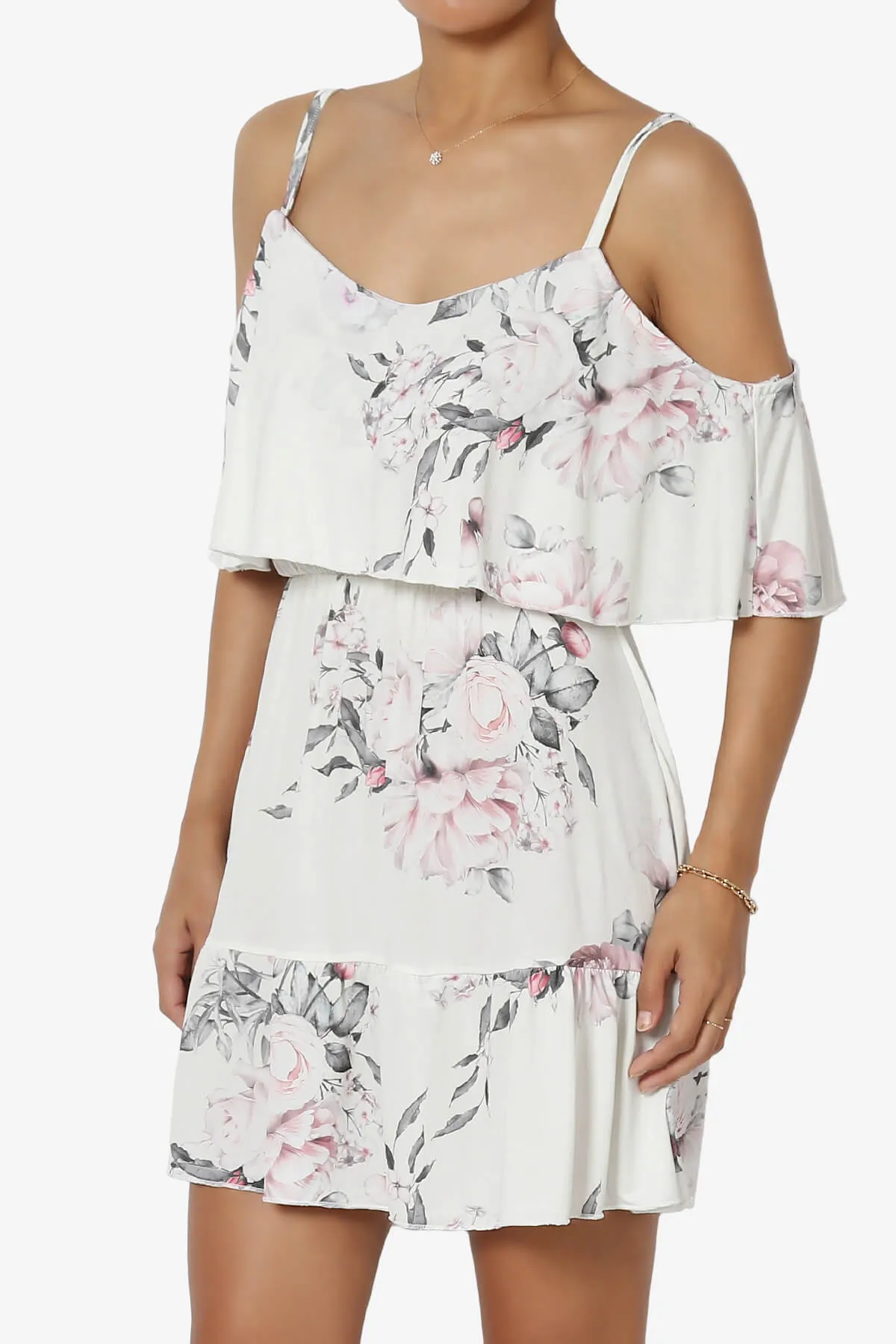 Linza Floral Tiered Cold Shoulder Mini Dress