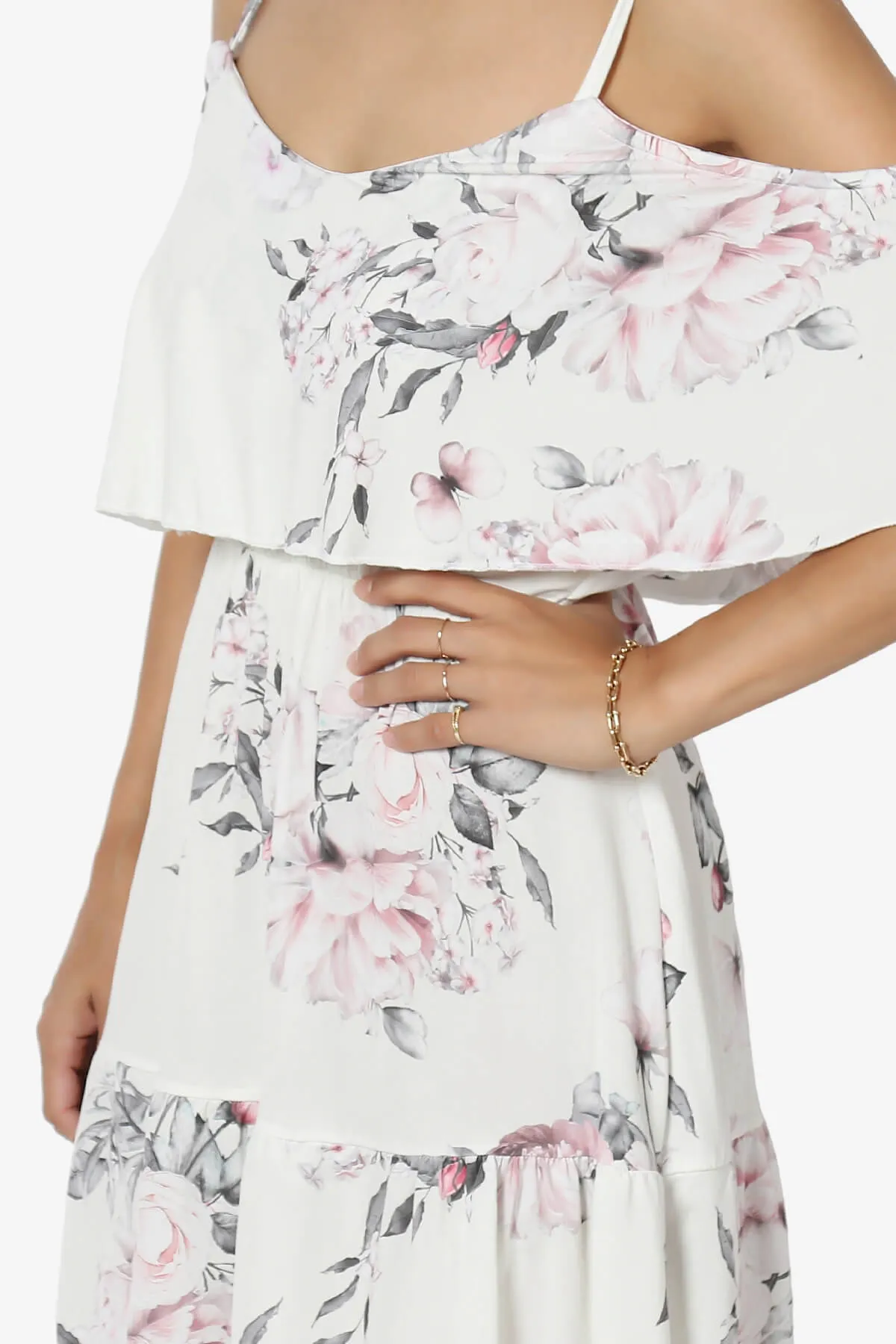 Linza Floral Tiered Cold Shoulder Mini Dress
