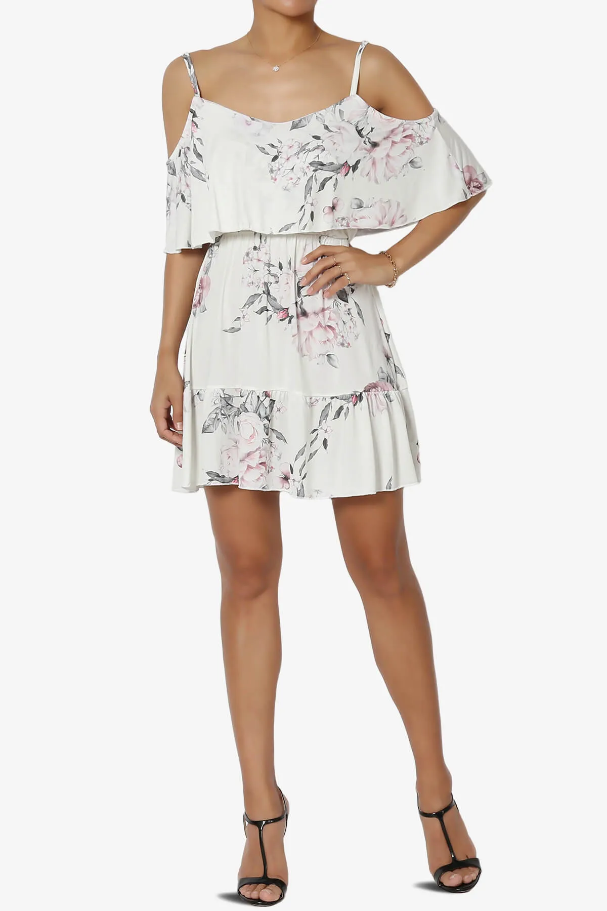 Linza Floral Tiered Cold Shoulder Mini Dress
