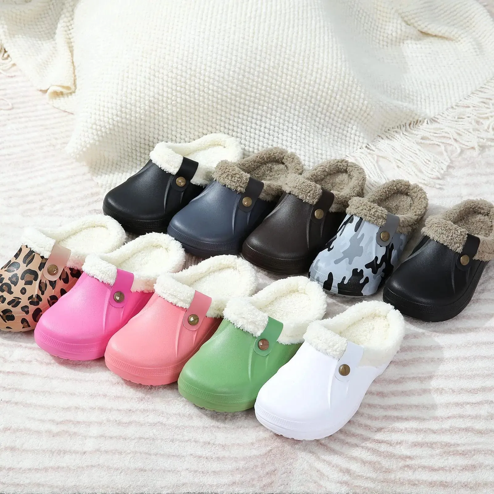 Litfun Winter Plush Garden Shoes Women Fur Clogs Slippers Men Soft Furry Waterproof Slippers Outdoor New Cozy Fuzzy Home Slipper