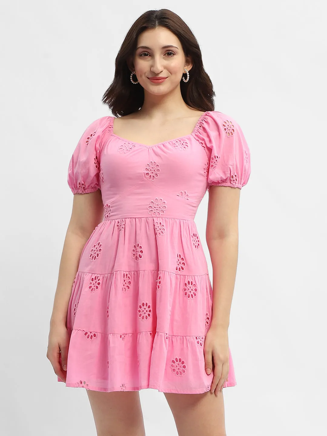 Madame Shanaya Kapoor Schiffli Pink Sweetheart Neck Dress