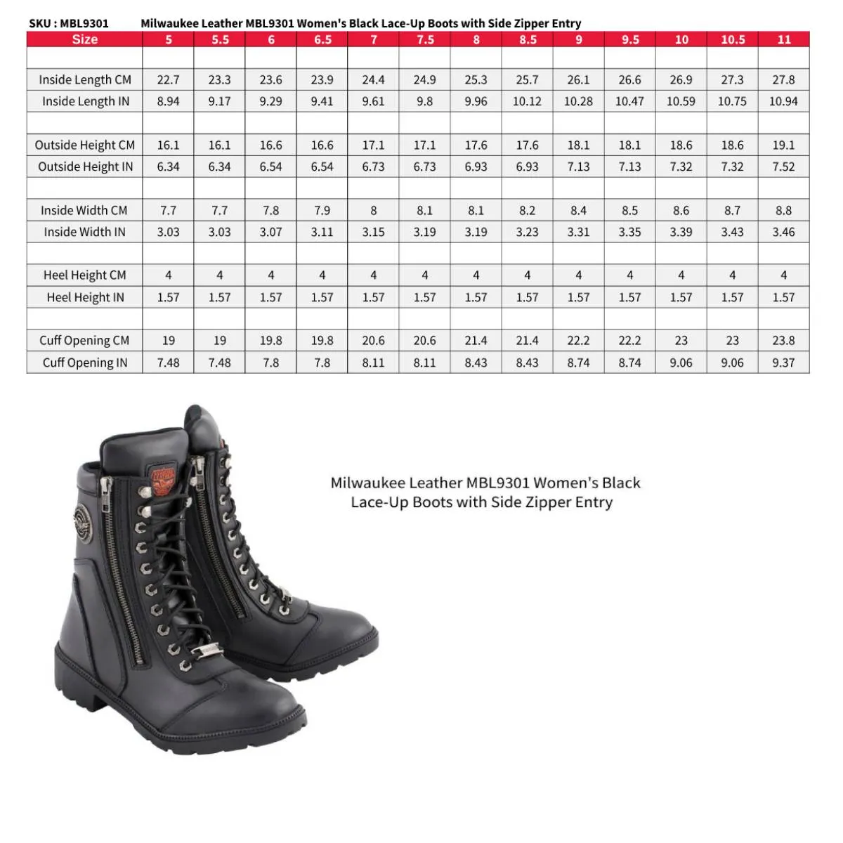 MBL9301 Women's Black Lace-Up Boots with Side Zipper Entry