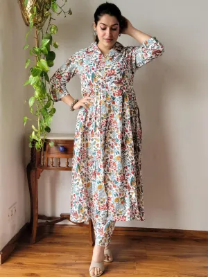 Multicolored on white Floral Bagru Print Office Suit Set