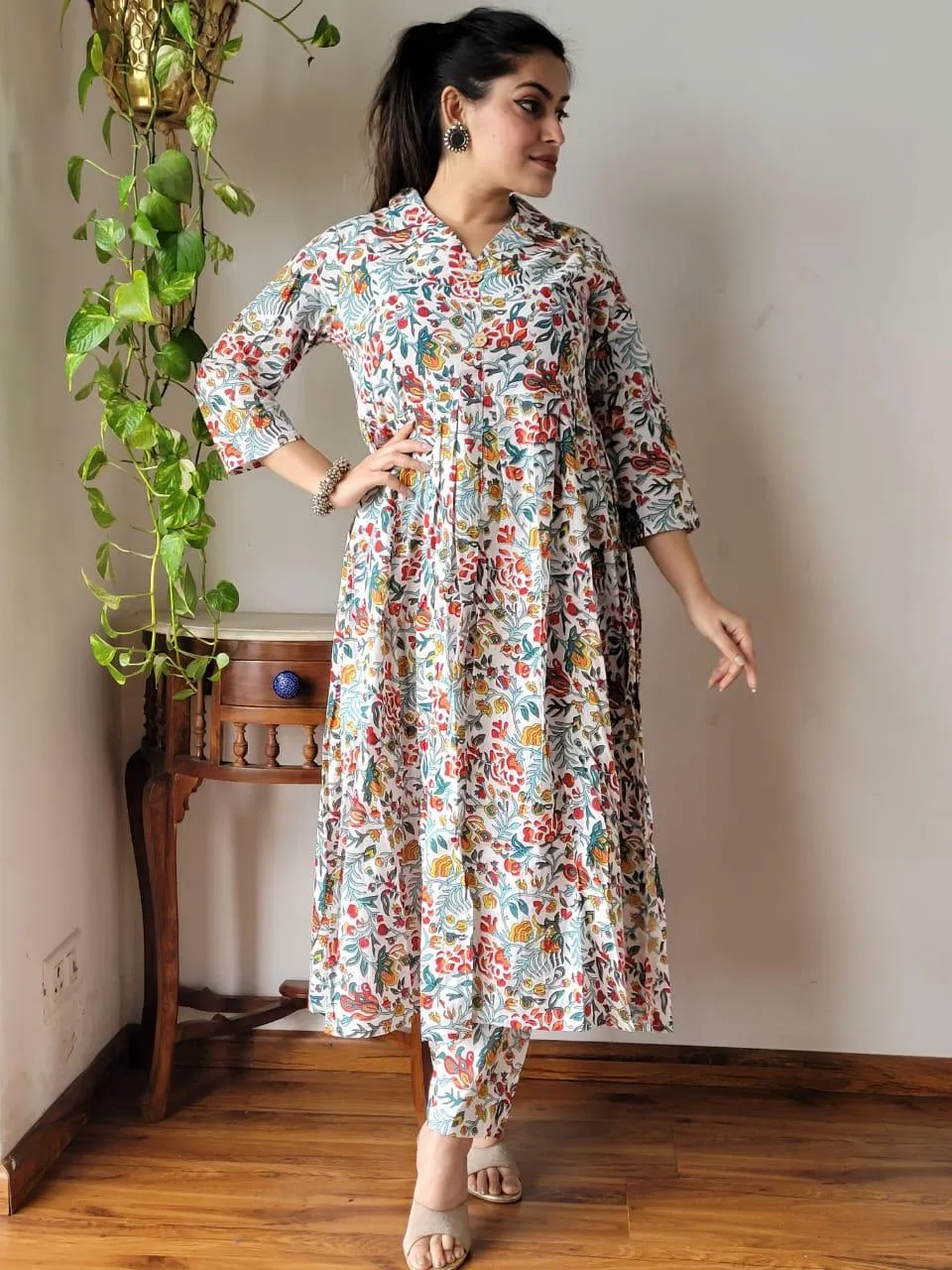 Multicolored on white Floral Bagru Print Office Suit Set