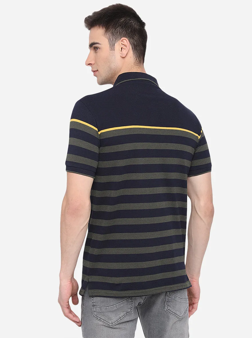 Navy Blue Striped Slim Fit Polo T-Shirt | JadeBlue