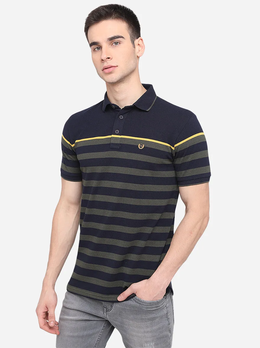 Navy Blue Striped Slim Fit Polo T-Shirt | JadeBlue