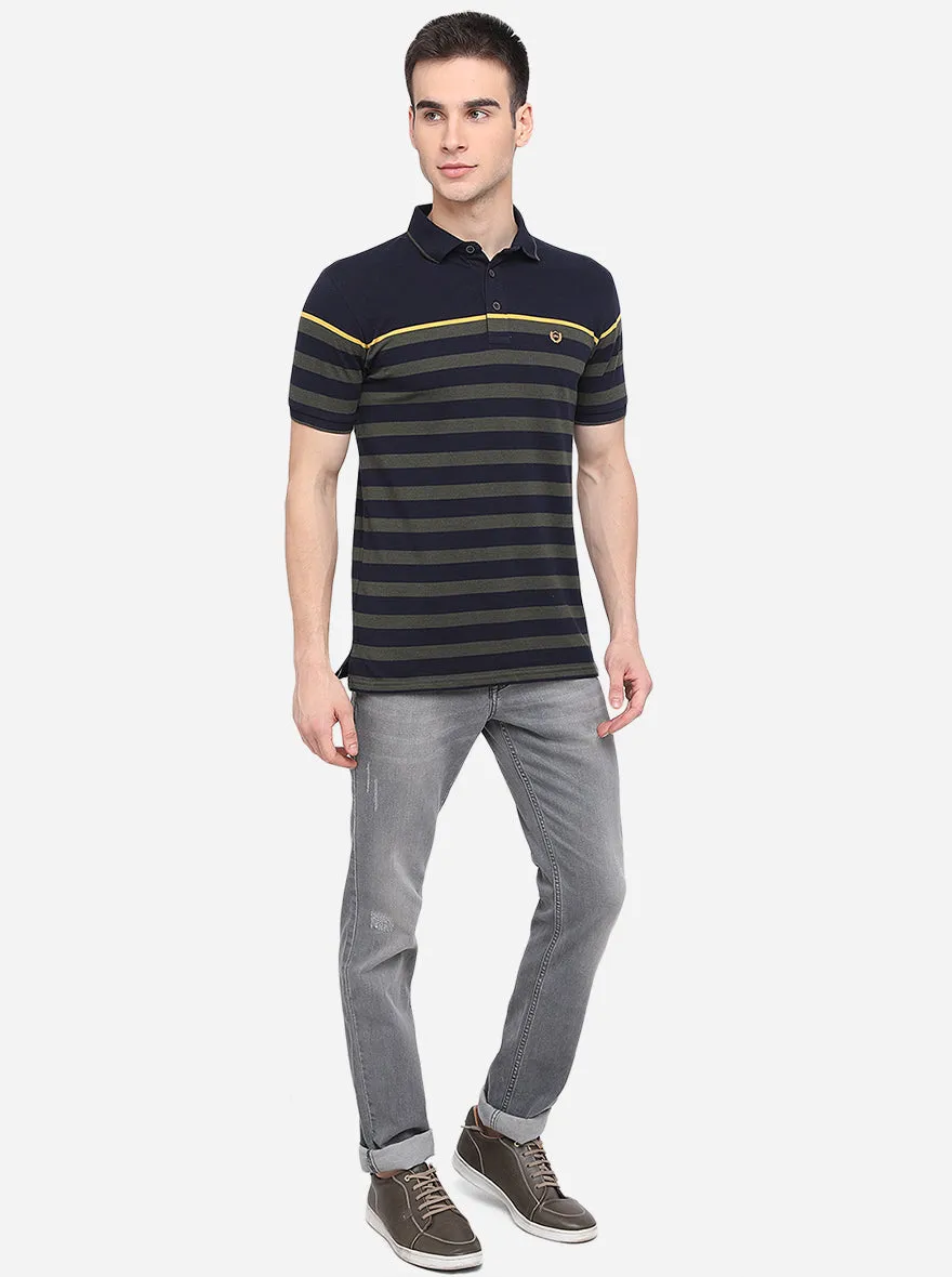 Navy Blue Striped Slim Fit Polo T-Shirt | JadeBlue