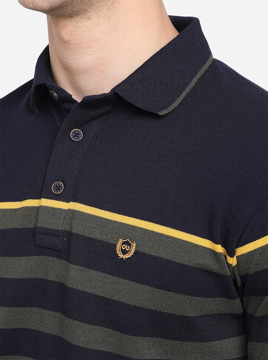 Navy Blue Striped Slim Fit Polo T-Shirt | JadeBlue