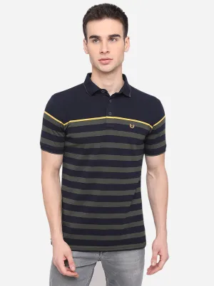 Navy Blue Striped Slim Fit Polo T-Shirt | JadeBlue