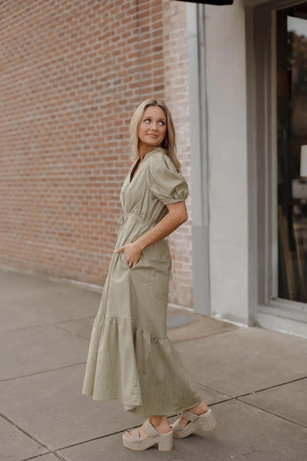 Owen Olive Midi Tie Waist Dress