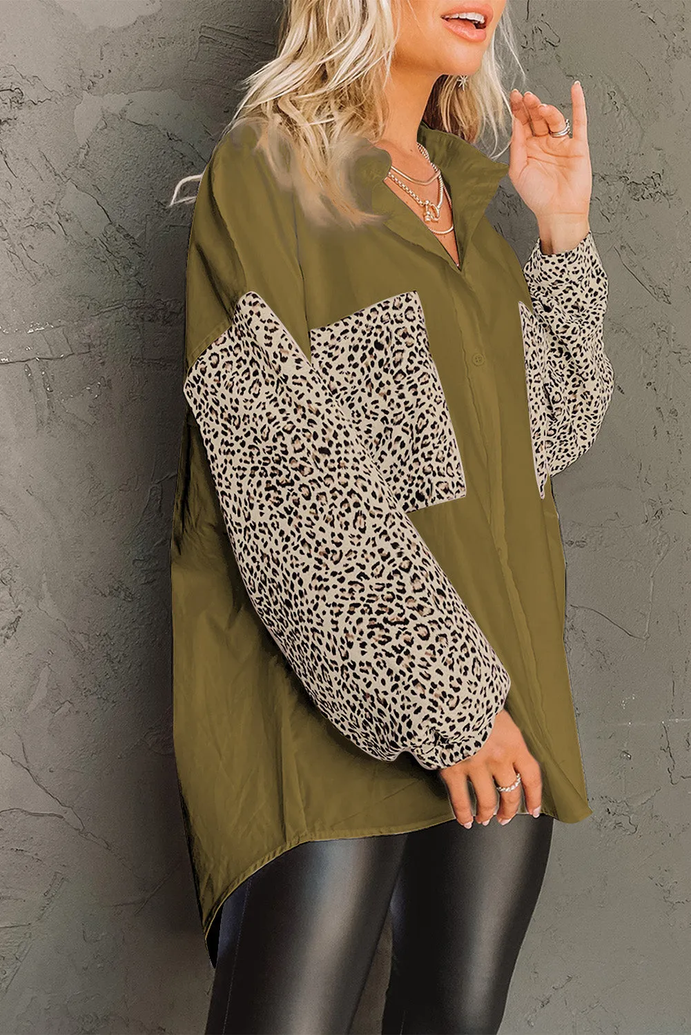 Patchwork Drop Shoulder High Low Long Sleeve Shirt