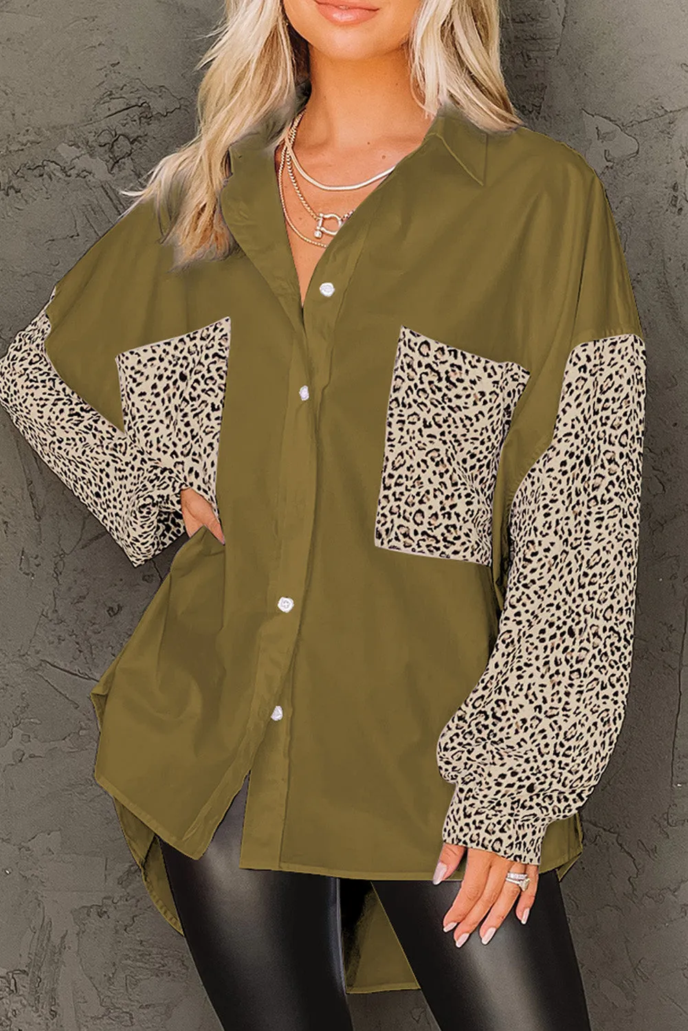Patchwork Drop Shoulder High Low Long Sleeve Shirt