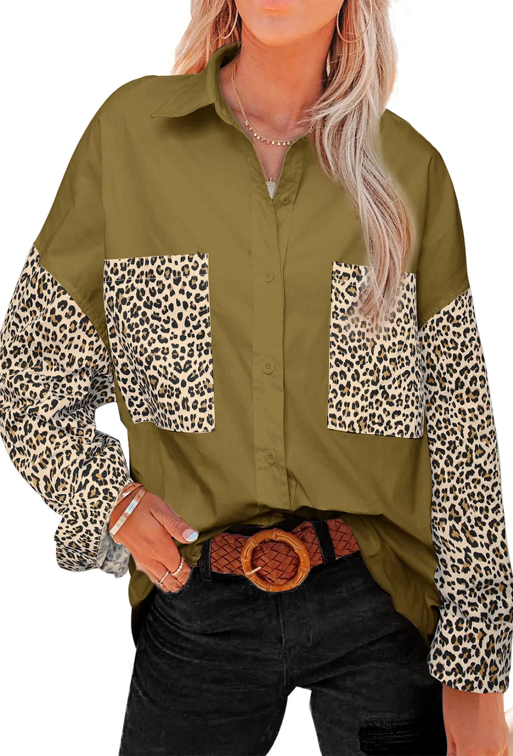 Patchwork Drop Shoulder High Low Long Sleeve Shirt