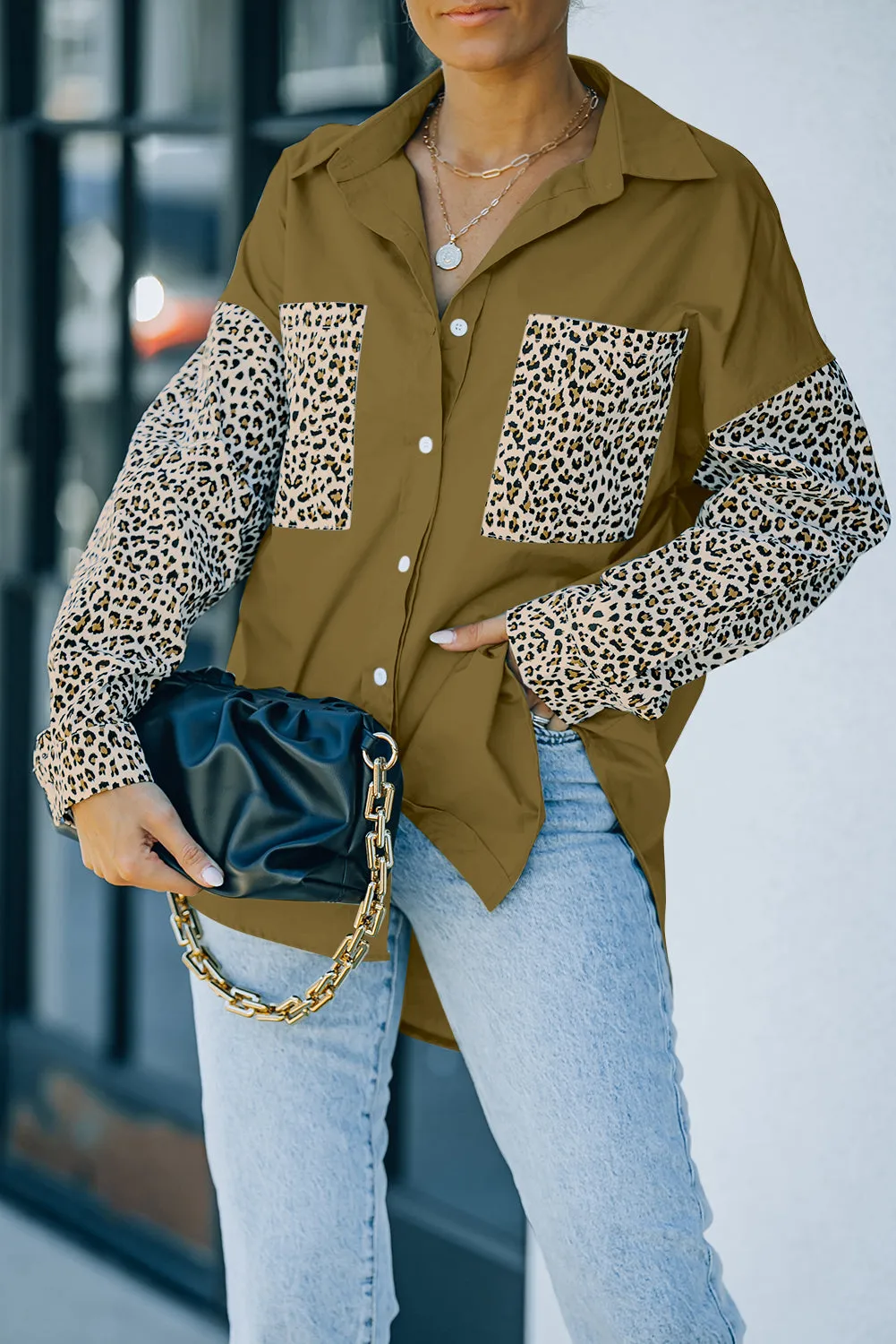 Patchwork Drop Shoulder High Low Long Sleeve Shirt