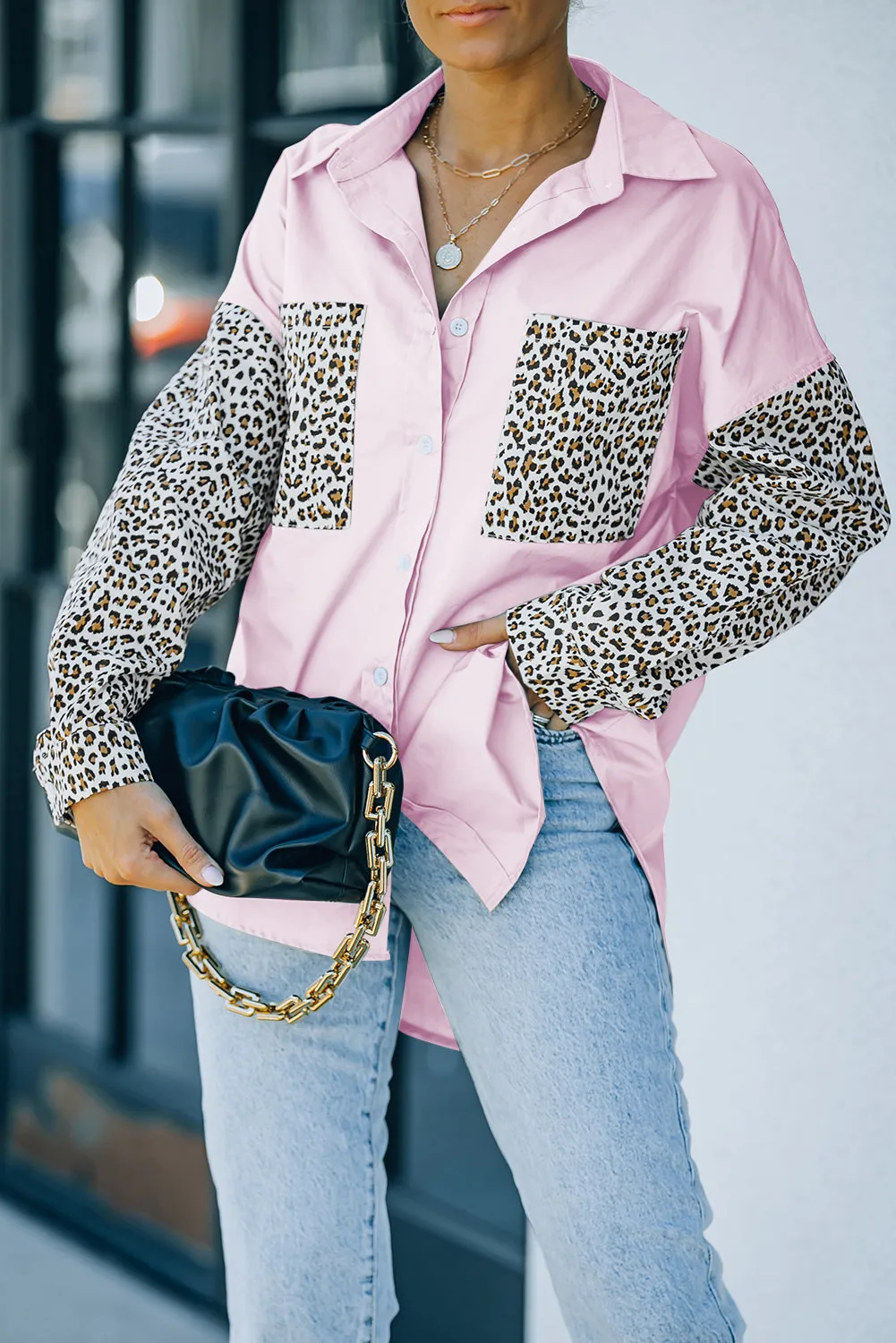 Patchwork Drop Shoulder High Low Long Sleeve Shirt