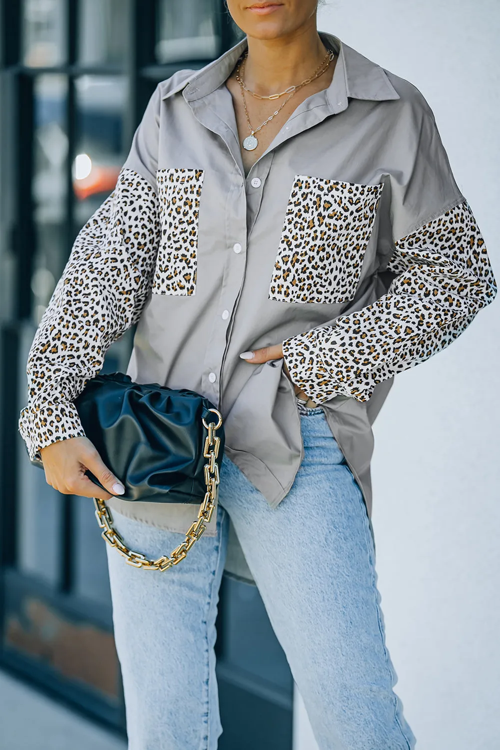 Patchwork Drop Shoulder High Low Long Sleeve Shirt