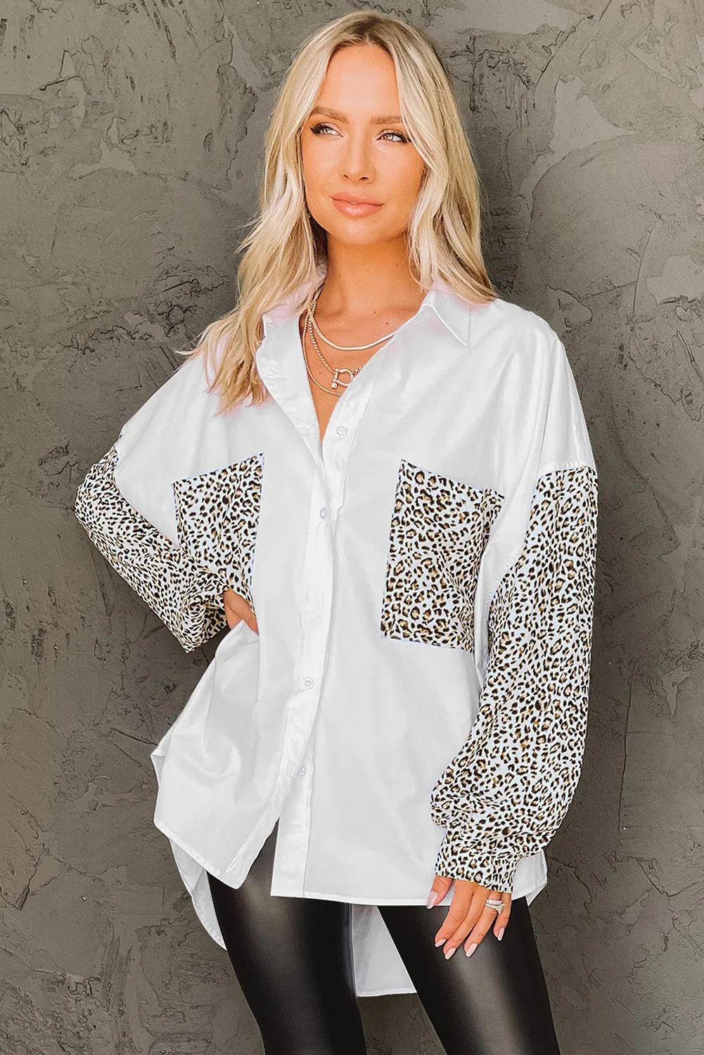 Patchwork Drop Shoulder High Low Long Sleeve Shirt