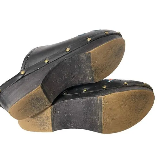 Penelope Chilvers Floral Embroidered Black Leather Clogs Size 6