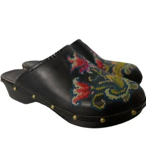 Penelope Chilvers Floral Embroidered Black Leather Clogs Size 6