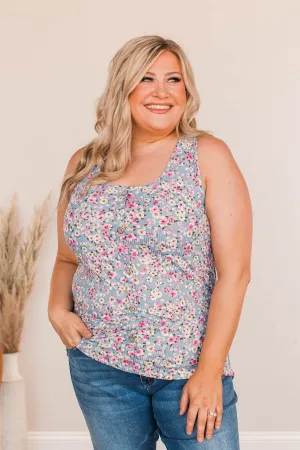 Pleasant Poppy Floral Tank- Denim Blue