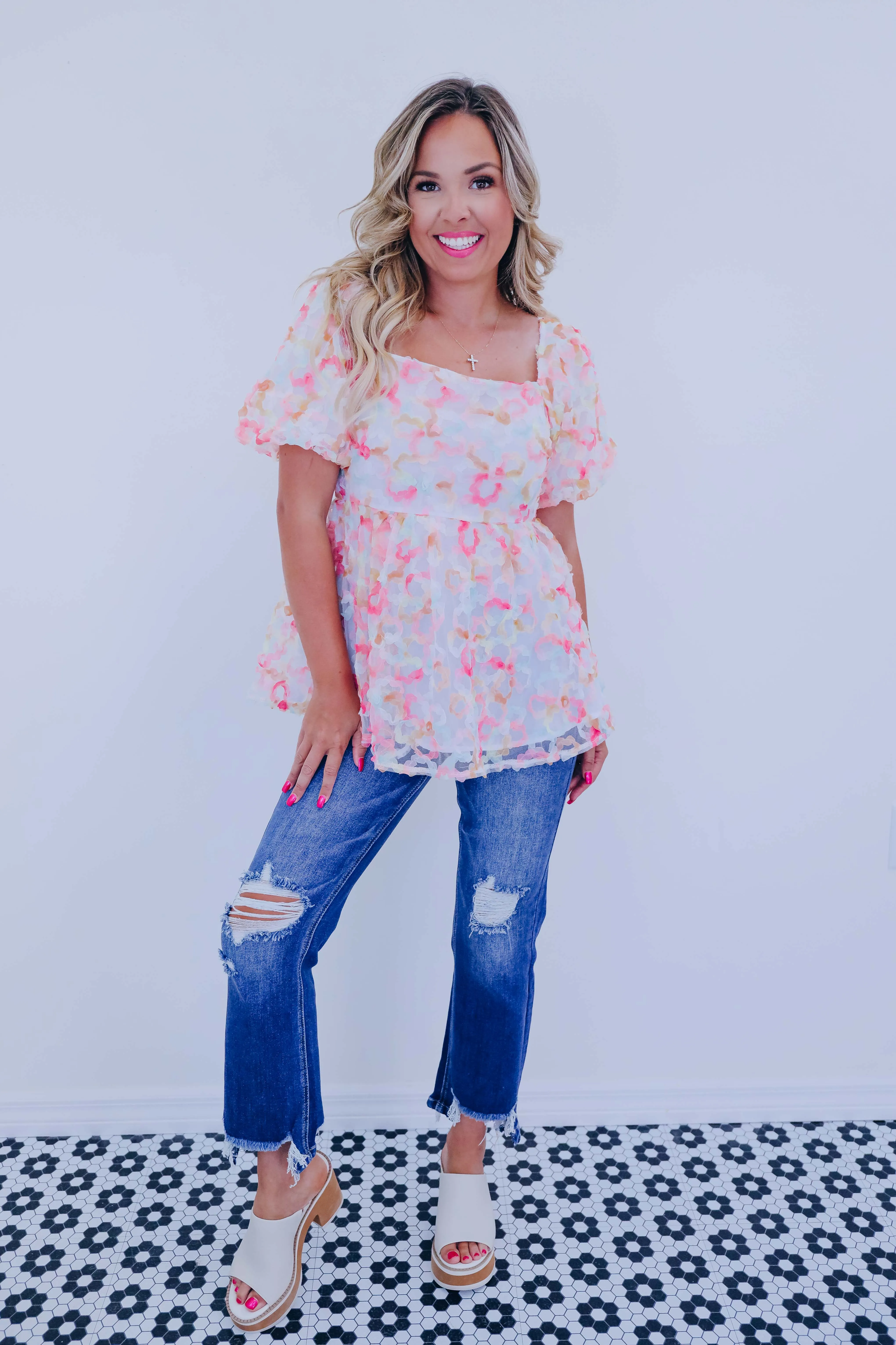 Pretty As A Peach Floral Mesh Puff Sleeve Top