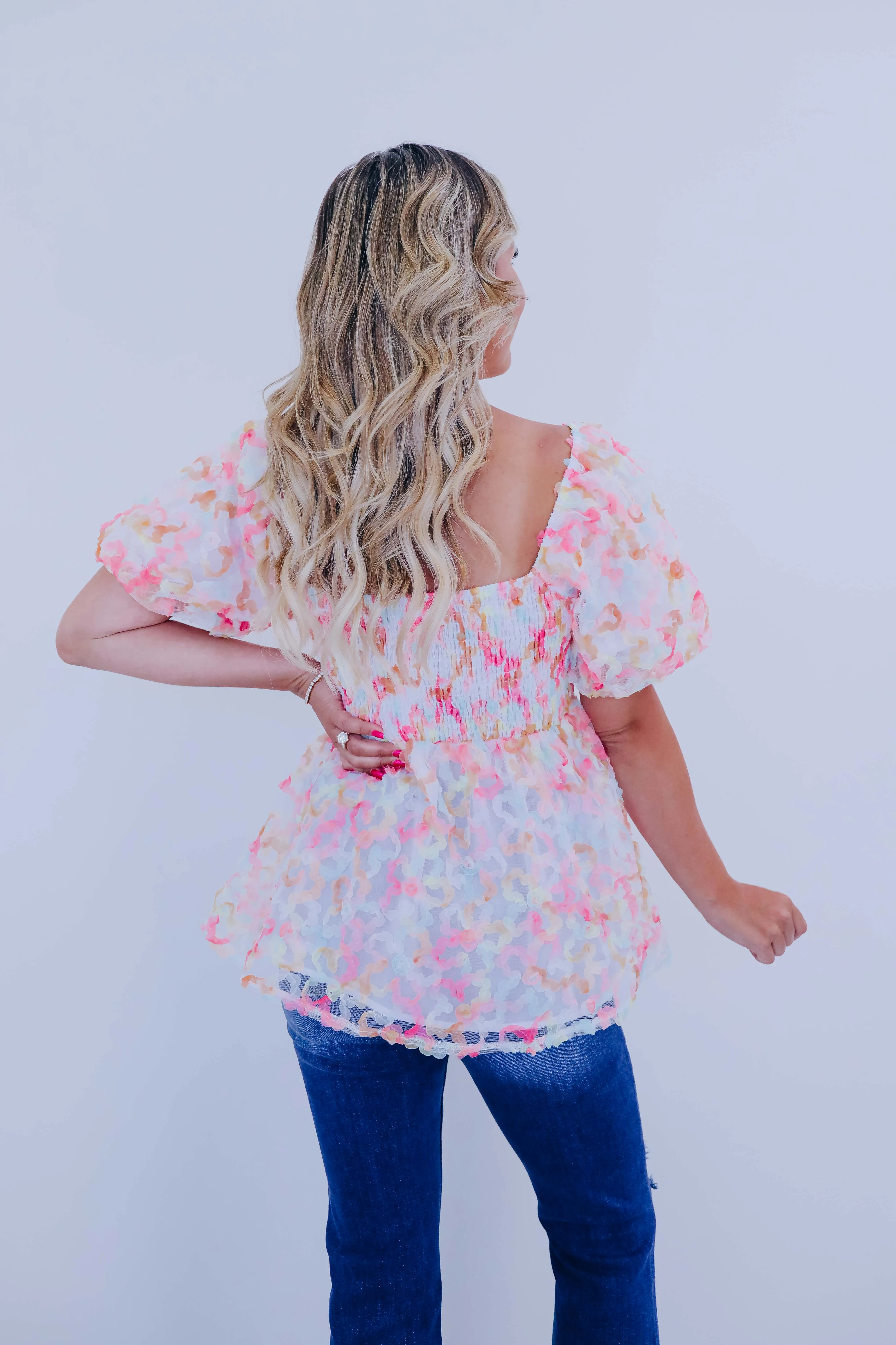 Pretty As A Peach Floral Mesh Puff Sleeve Top