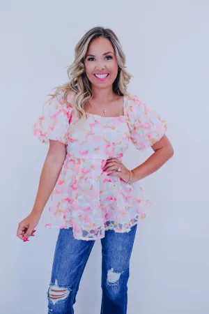 Pretty As A Peach Floral Mesh Puff Sleeve Top