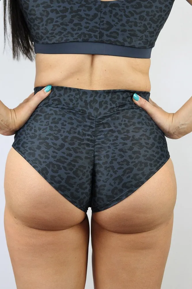 Rarr Mid Waisted Brazil Scrunchie Bum Shorts - Black Leopard