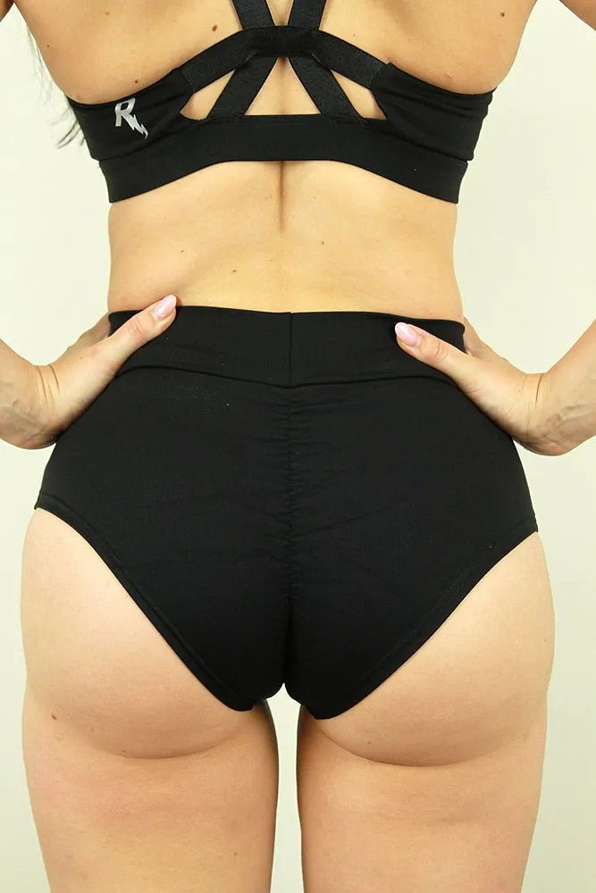 Rarr Mid Waisted Brazil Scrunchie Bum Shorts - Matte Black