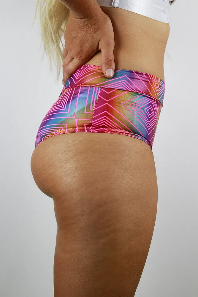 Rarr Mid Waisted Brazil Scrunchie Bum Shorts - Rainbow Geo
