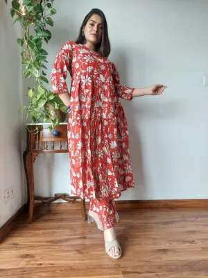 Red Floral Bagru print Naira Cut Suit Set