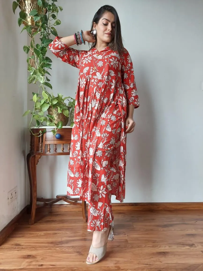 Red Floral Bagru print Naira Cut Suit Set