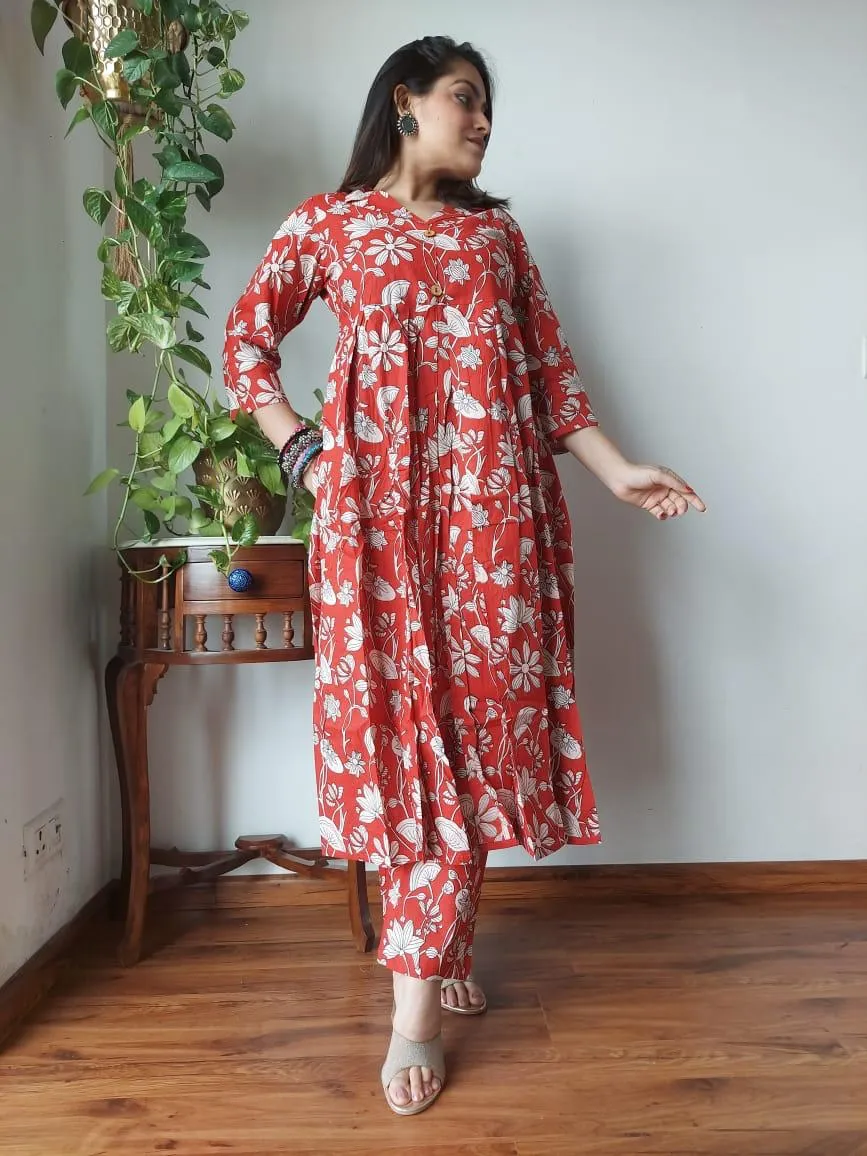 Red Floral Bagru print Naira Cut Suit Set