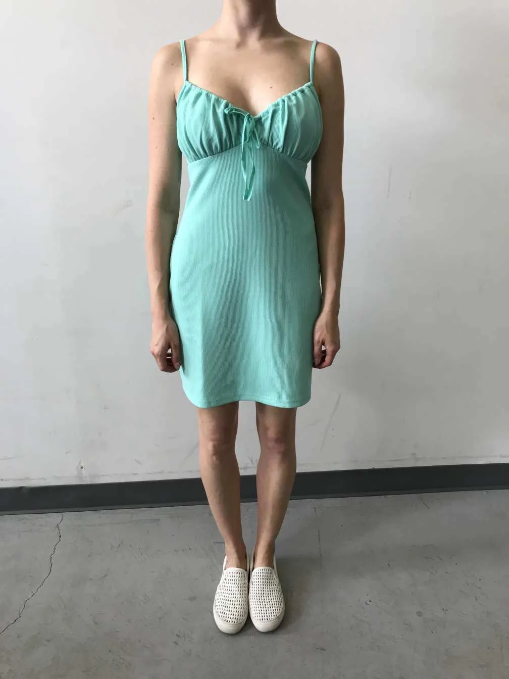 Ribbed Peasant Tie Mini Dress