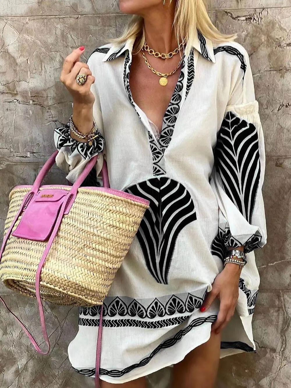 Rosy Printed Long Sleeve Mini Dress