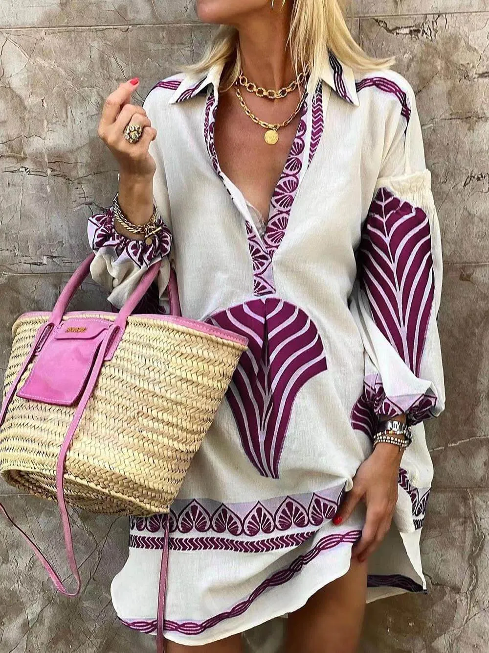 Rosy Printed Long Sleeve Mini Dress