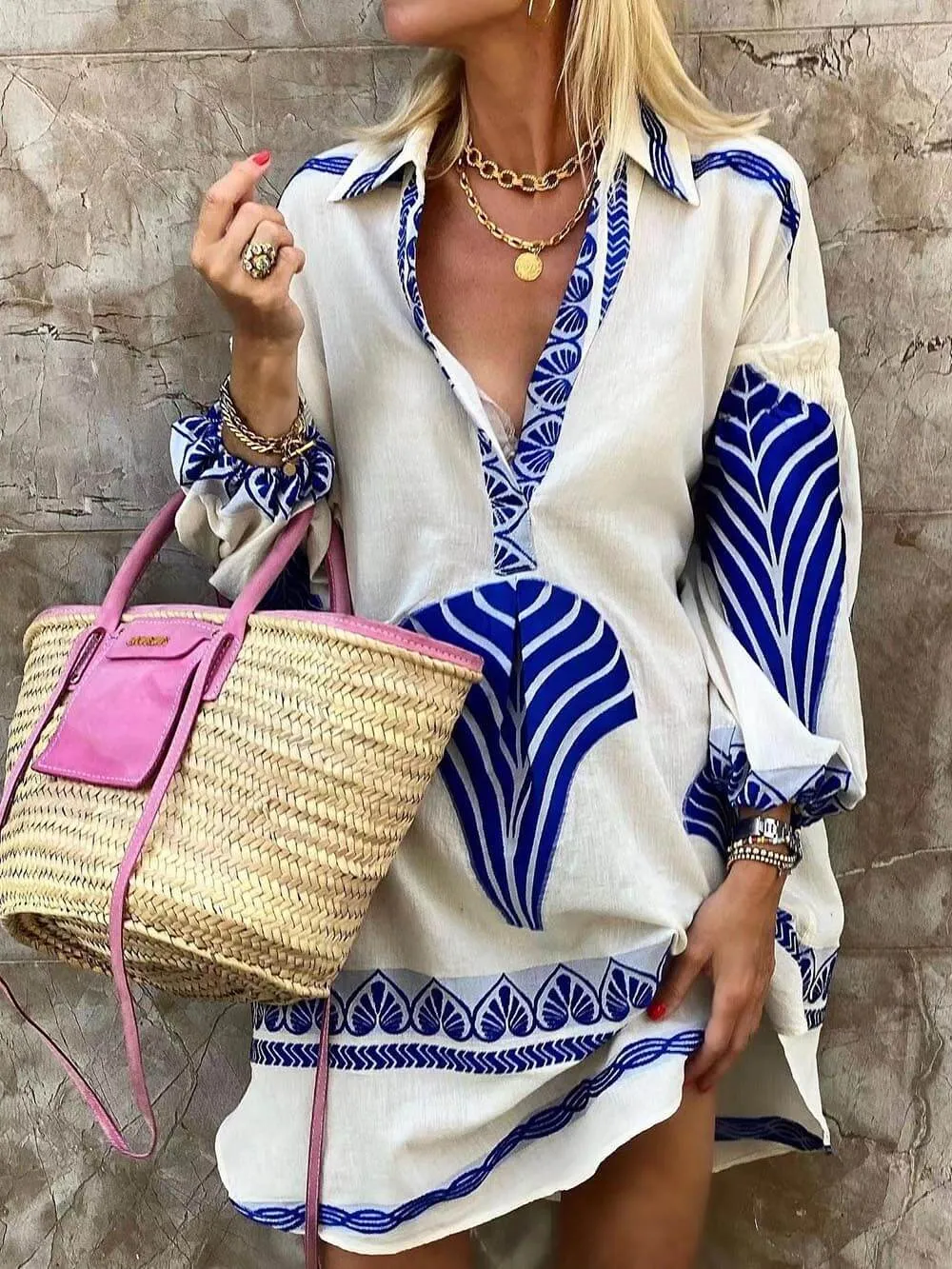 Rosy Printed Long Sleeve Mini Dress