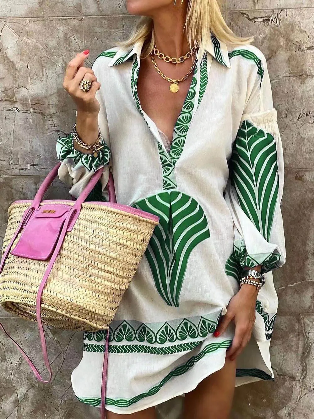 Rosy Printed Long Sleeve Mini Dress