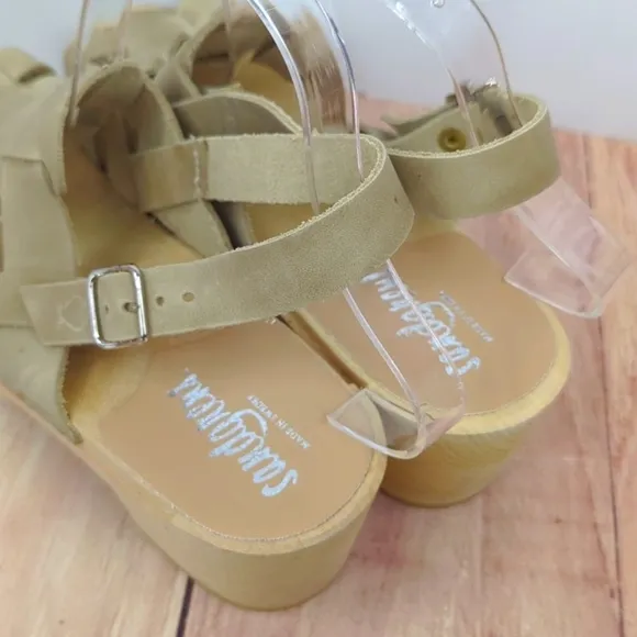 SANDGRENS *NEW* Slingback Fisherman Sandal Wooden Clogs Tan Leather Buck…